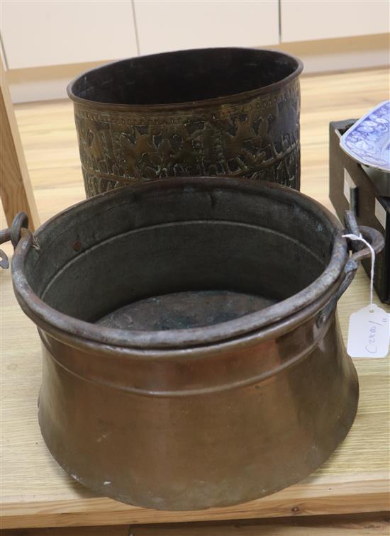 A copper pail and a Benares brass bin